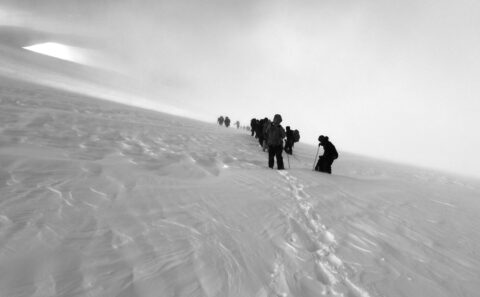 Climbers in a Monte Rosa White Out